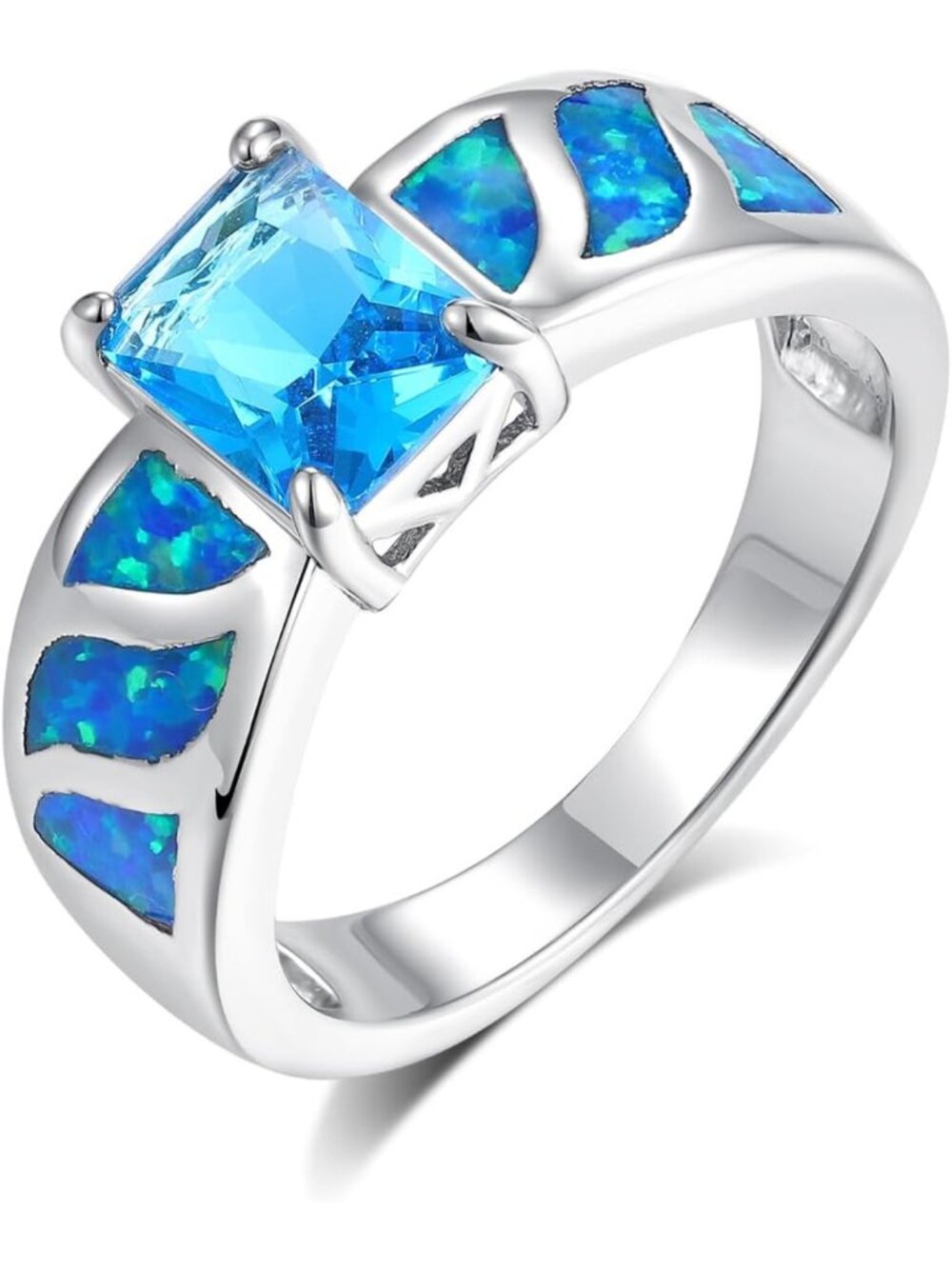 Stunning 18K White Gold Plated Blue Opal Ring with Cubic Zirconia for Women